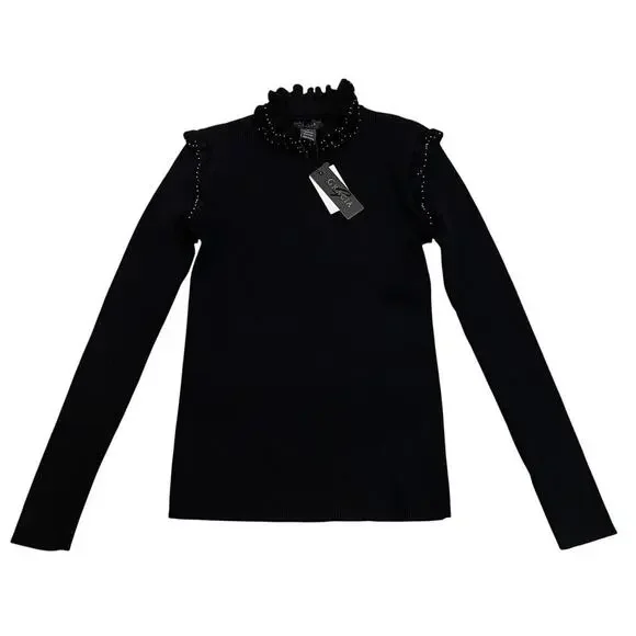 Gracia Stud Trim Ruffle Neck Black Sweater L | Y2K Glam, Beaded Holiday Knit NWT - Picture 3 of 6